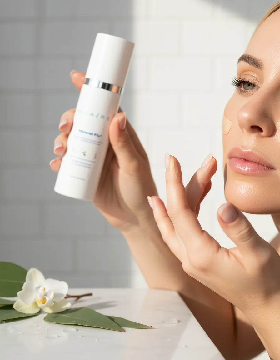 Woman applying tinted Mineral Fix³ Sunscreen to cheek with product bot