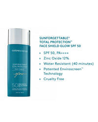 Colorescience Sunforgettable® Total Protection™ Face Shield Glow SPF 50 bottle with product benefits text in gallery position 1